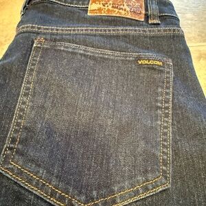 Volcom Men's Dark Blue Straight Jeans with Yellow Stitching